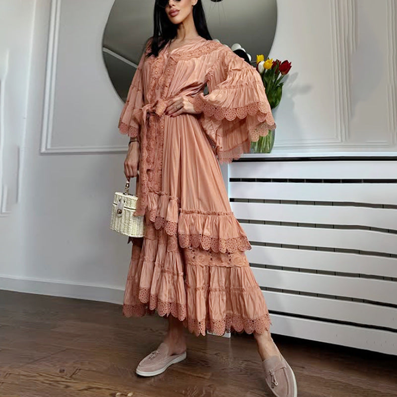 Bohemian Irregular Asymmetric Maxi Dress V neck Bell Sleeve Machine Embroidery Tied Dress Women Summer by Ragazza