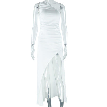 Women Clothing Solid Color Dress Diagonal Collar Open Shoulder Sleeveless Split Maxi Dress by Ragazza