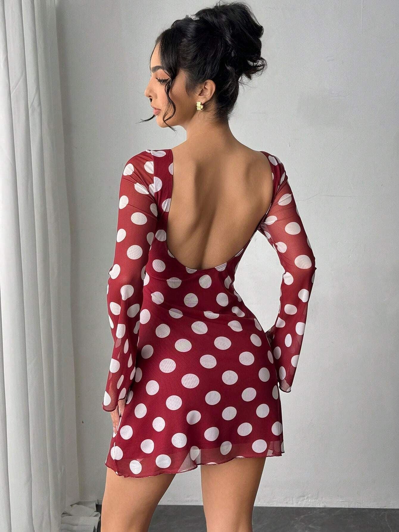 Spring Summer Lady Sexy Polka Dot Backless Mesh Flare Sleeve Mini Dress by Ragazza