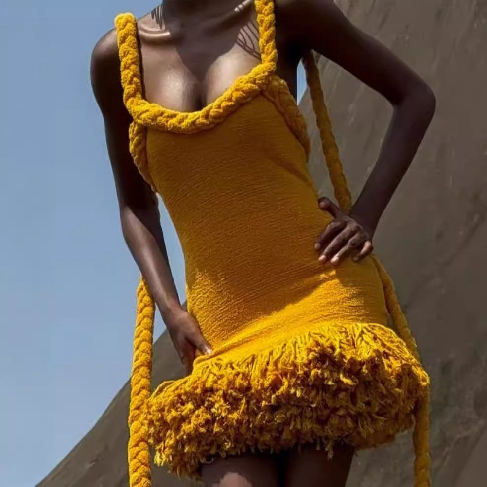 Autumn Winter Hand Woven Twine Rope Shoulder Strap Tassel Dress Swing Short Dress by Ragazza