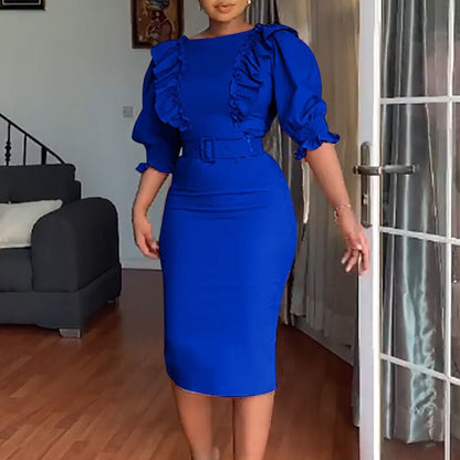 High Waist Wooden Ear Stitching Five Quarter Sleeve Office Women Dress by Ragazza