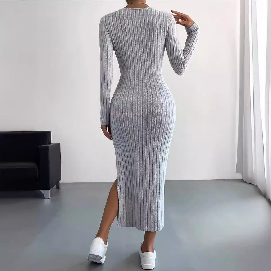 Autumn Winter Long Sleeve Crew Neck Split Knitted Maxi Dress Women by Ragazza