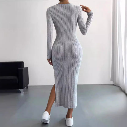 Autumn Winter Long Sleeve Crew Neck Split Knitted Maxi Dress Women by Ragazza