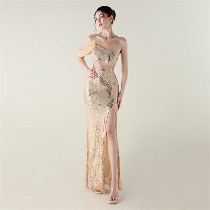 Sequin Mesh Craft Beaded Evening Dress off the Shoulder High Slit Fishtail Dress Swing Cocktail Social Socialite by Ragazza