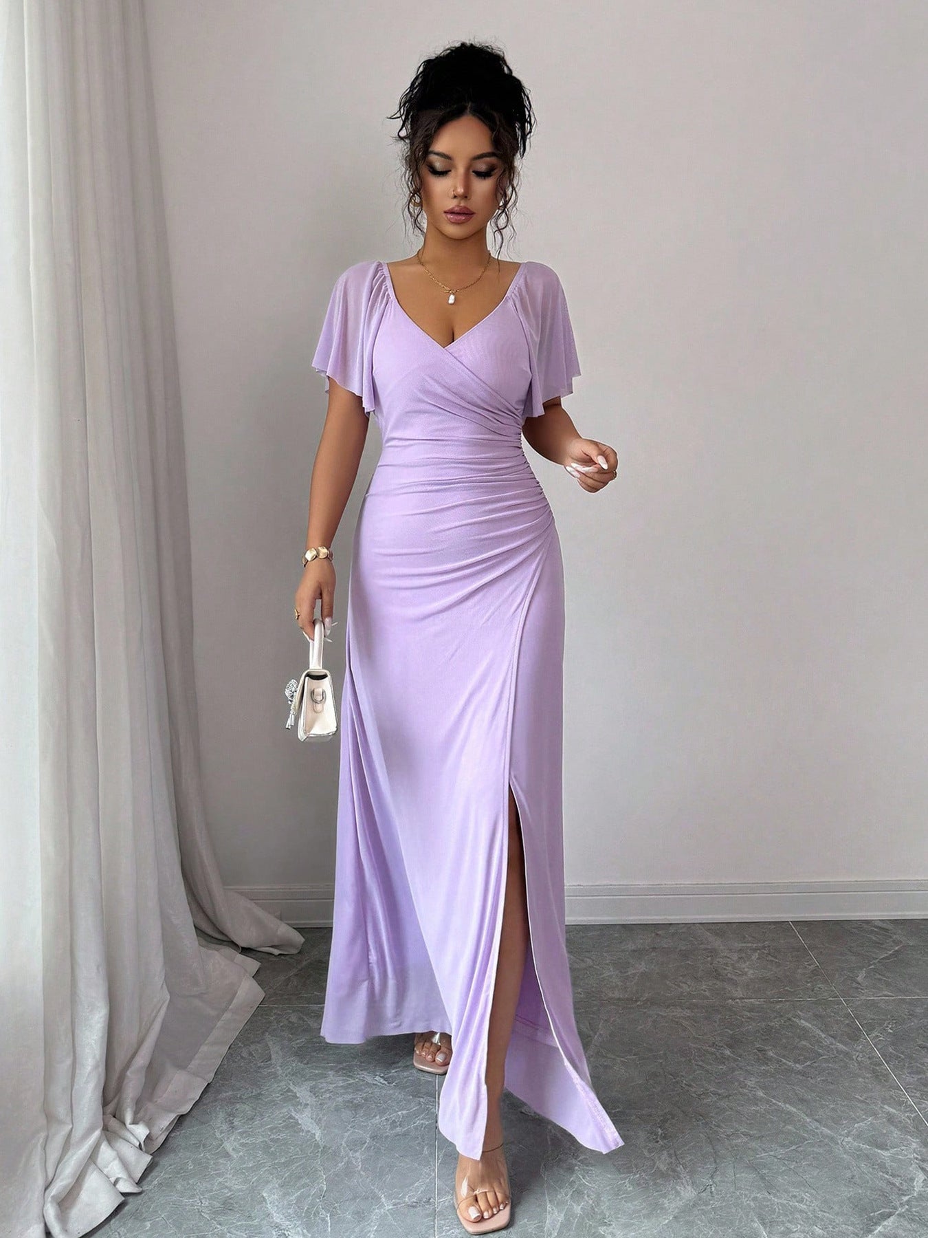 Women Elastic Net V Neck Patchwork Flying Sleeves Slit Evening Dress  DestGlow