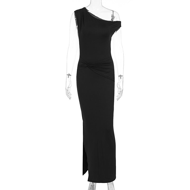 Summer Women Clothing Simple Intellectual Slant Shoulder Tight High Waist Pleated Split Dress by Ragazza