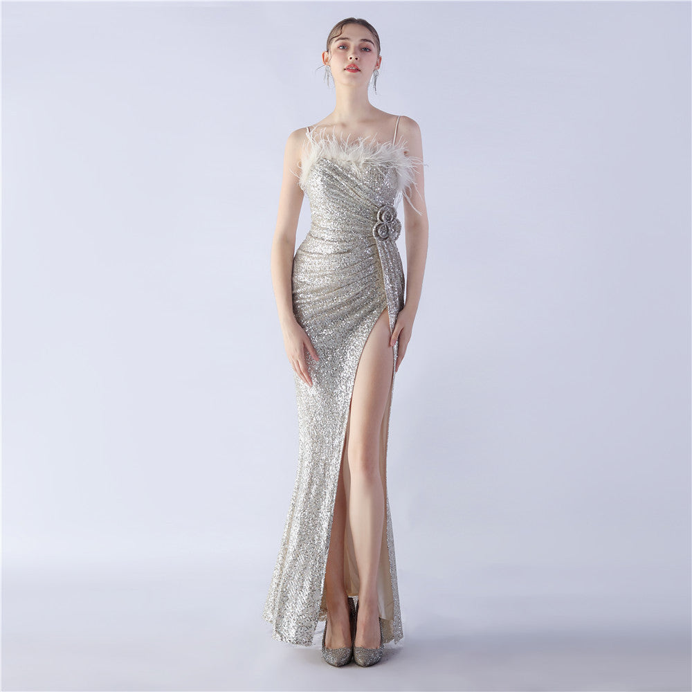 Ostrich Hair Craft Floral Wedding Annual Meeting High End Evening Dress by Ragazza