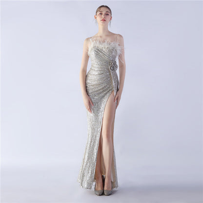 Ostrich Hair Craft Floral Wedding Annual Meeting High End Evening Dress by Ragazza