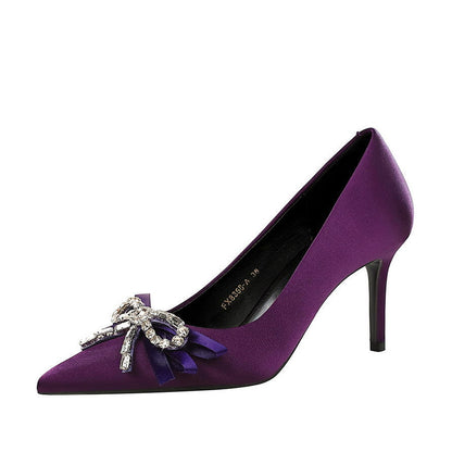 French Elegant Beautiful Rhinestone Ribbon Bow Slip on Satin Stiletto High Heel Shoes Women  DestGlow