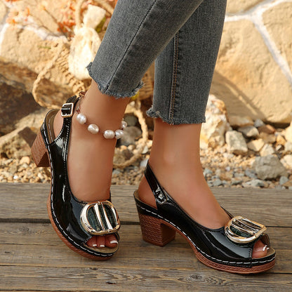 Metal Buckle Peep Toe High Heeled Sandals Women Thick Heel Lightweight Patent Leather Sandals  DestGlow