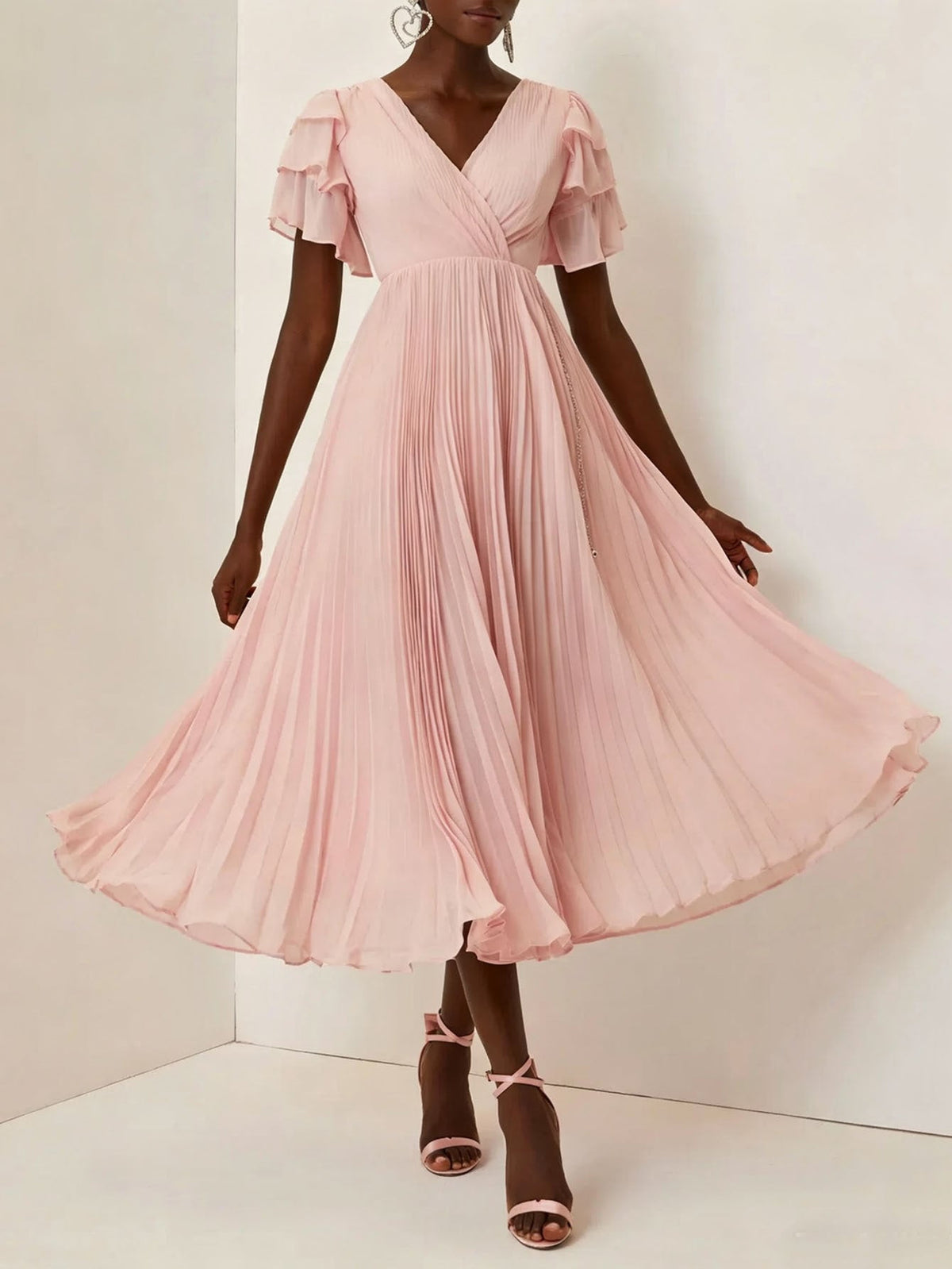 V neck Flounce Pleated Dress Women Elegant Graceful Waist Controlled Large Hem Dress  DestGlow