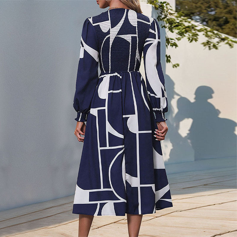 Fall Women Clothing Smocking Long Sleeve Printing Dress by Ragazza