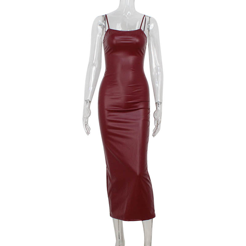 Wine Red Vintage Camisole Faux Leather Skinny Sheath Dress Split Dress Dress by Ragazza