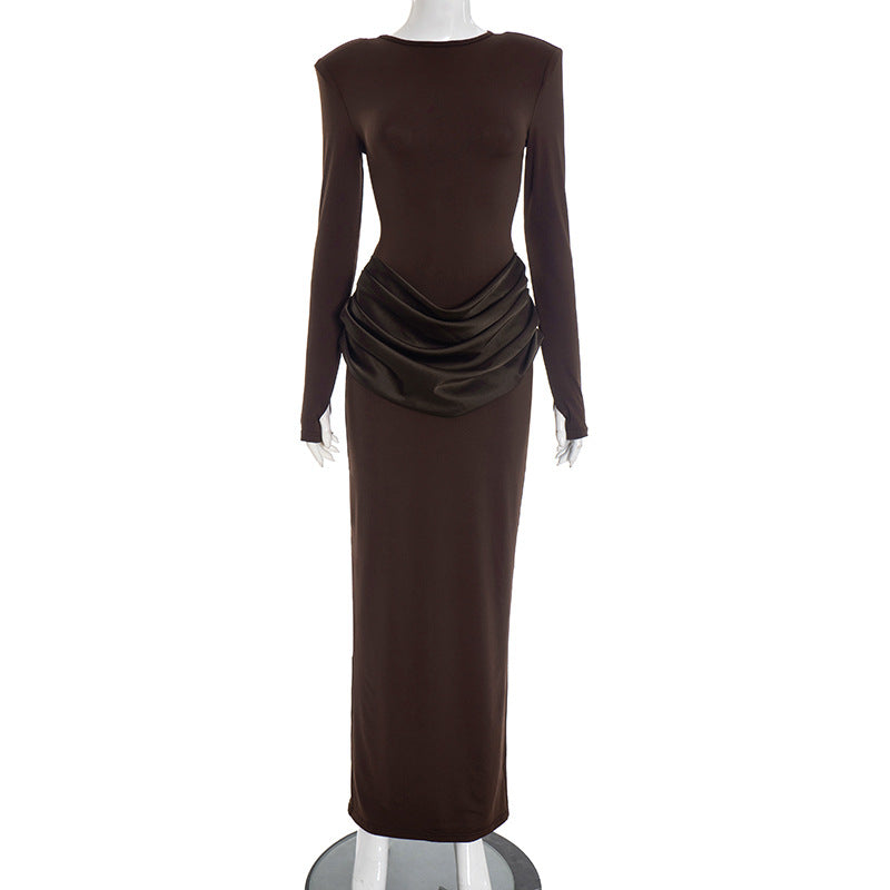 Women Clothing Autumn Winter Elegant Lady Slim Fit Long Sleeve Pleated Sheath Maxi Dress by Ragazza