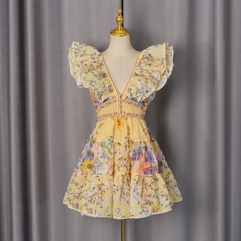 French Flying Sleeves Short Dress Autumn High Grade Printed Stitching Deep V Plunge neck Dress Women  DestGlow