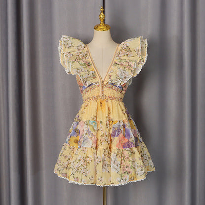 French Flying Sleeves Short Dress Autumn High Grade Printed Stitching Deep V Plunge neck Dress Women  DestGlow