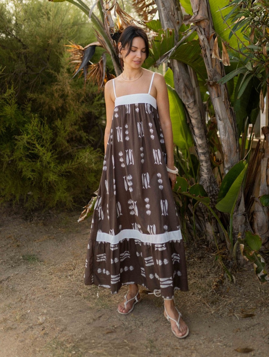 Dress Color Matching Print Holiday Large Swing Strap Dress for Women  DestGlow