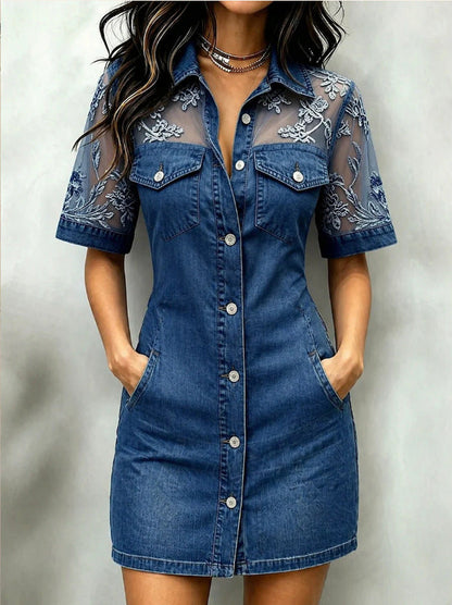 Summer Women Casual Patchwork Lace Denim Mini Dress  DestGlow