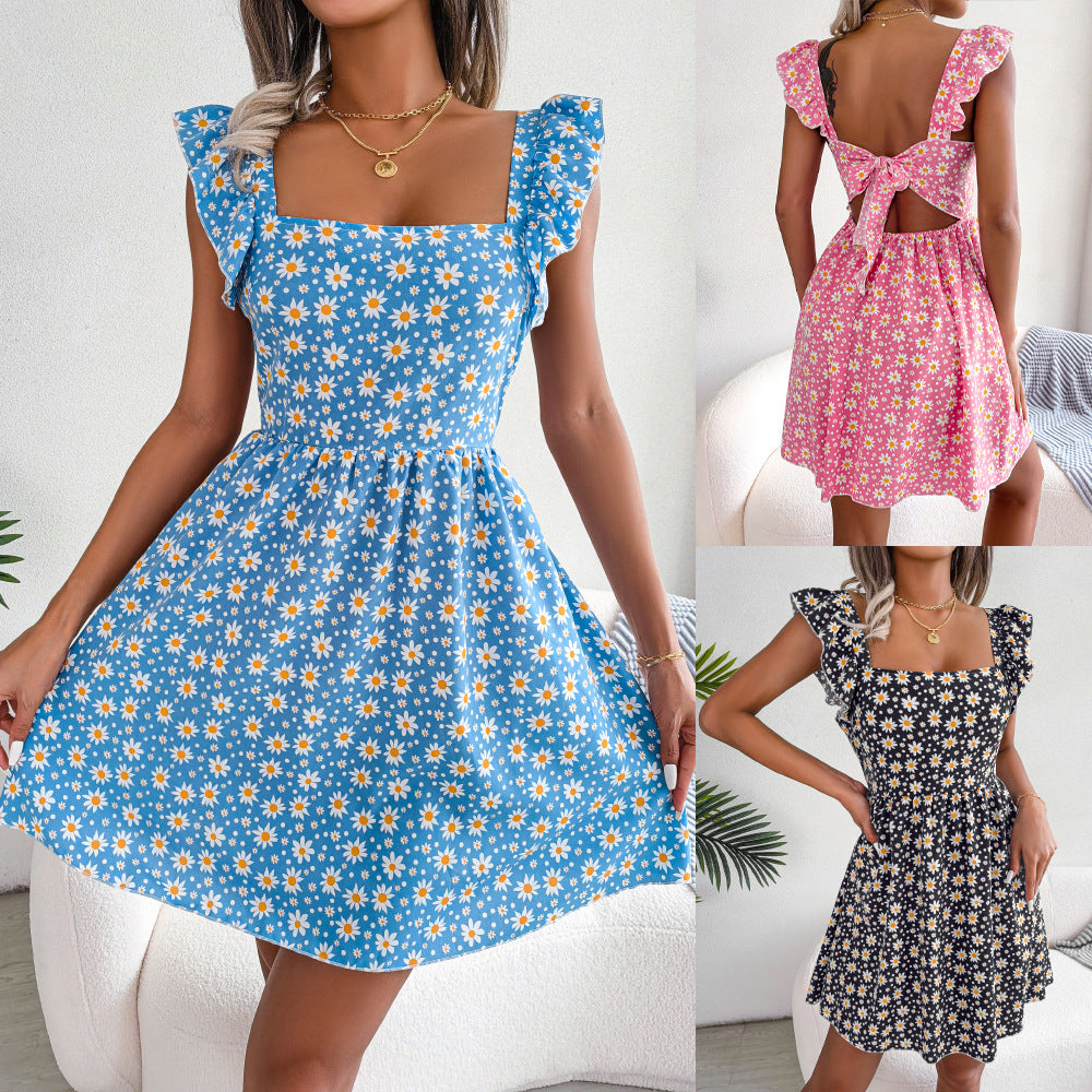 Spring Summer Backless Lace-up Daisy Print Casual Holiday Dress Women Clothing by Ragazza