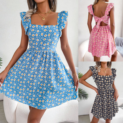 Spring Summer Backless Lace-up Daisy Print Casual Holiday Dress Women Clothing by Ragazza