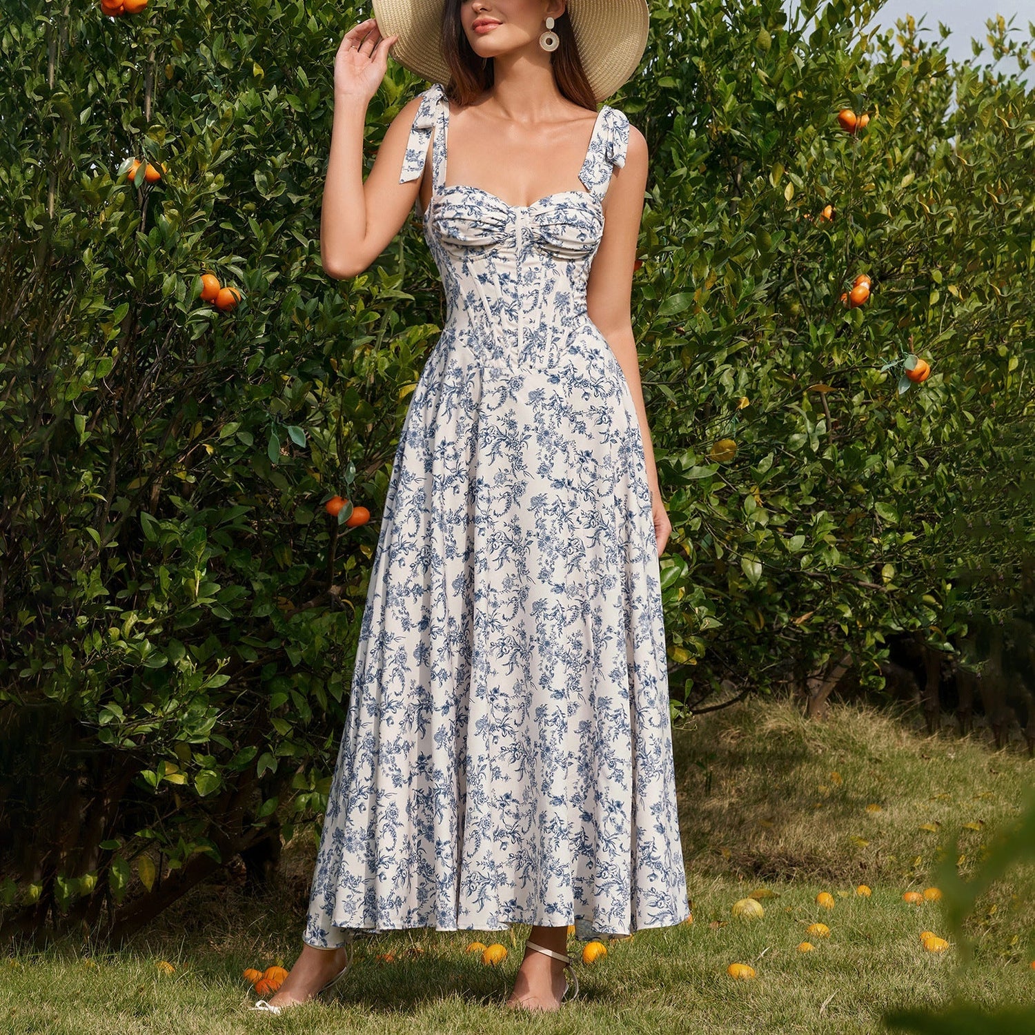 Summer Four Sided Stretch Printing Slip Dress Dignified Goddess Backless Waist Trimming Lace up Boning Corset Dress  DestGlow