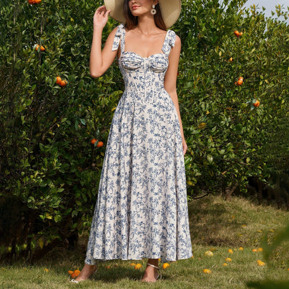 Summer Four Sided Stretch Printing Slip Dress Dignified Goddess Backless Waist Trimming Lace up Boning Corset Dress  DestGlow