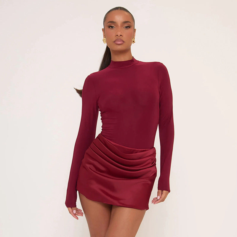 Women Clothing Autumn Winter Graceful Fashionable Half Turtleneck Tight Expensive Satin Pleated Dress by Ragazza
