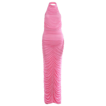 Women Clothing Solid Color Halter Sexy Backless Pleated Mesh Elegant Dress for Women by Ragazza