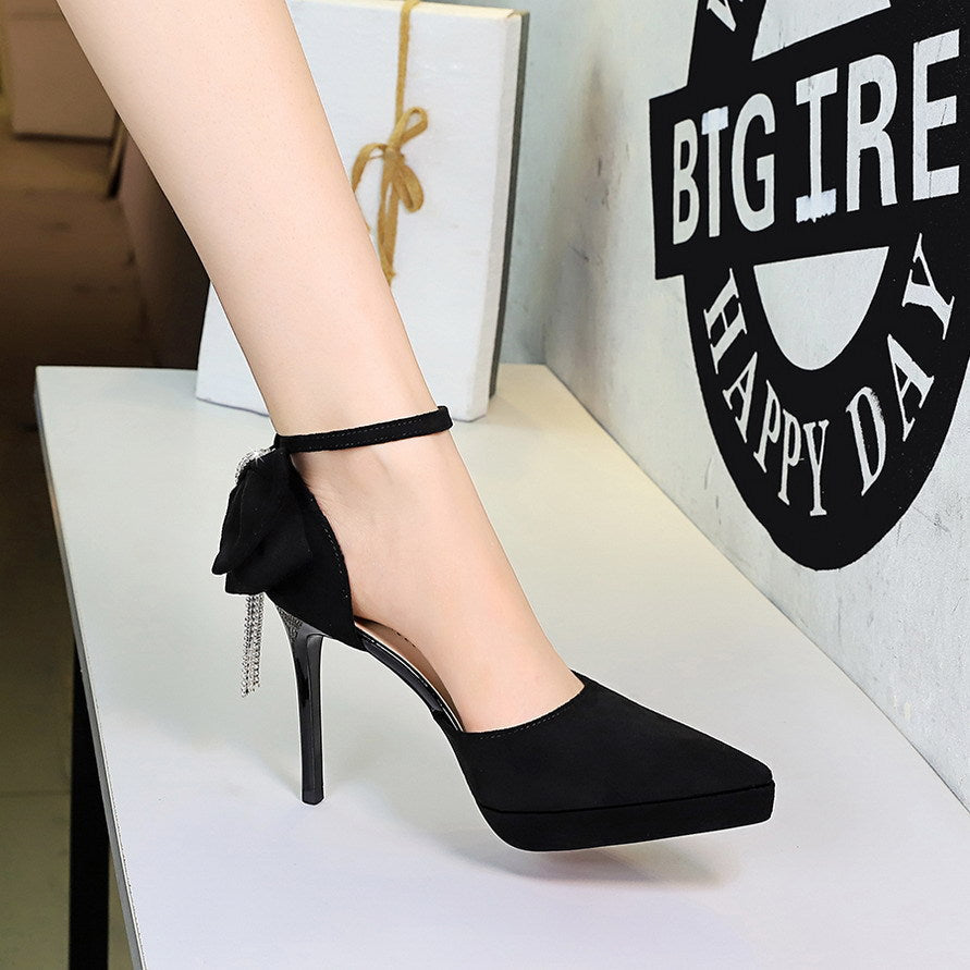 Cocktail Black Platform Pointed Toe Buckle Suede Back Bow Rhinestone Sandals  DestGlow