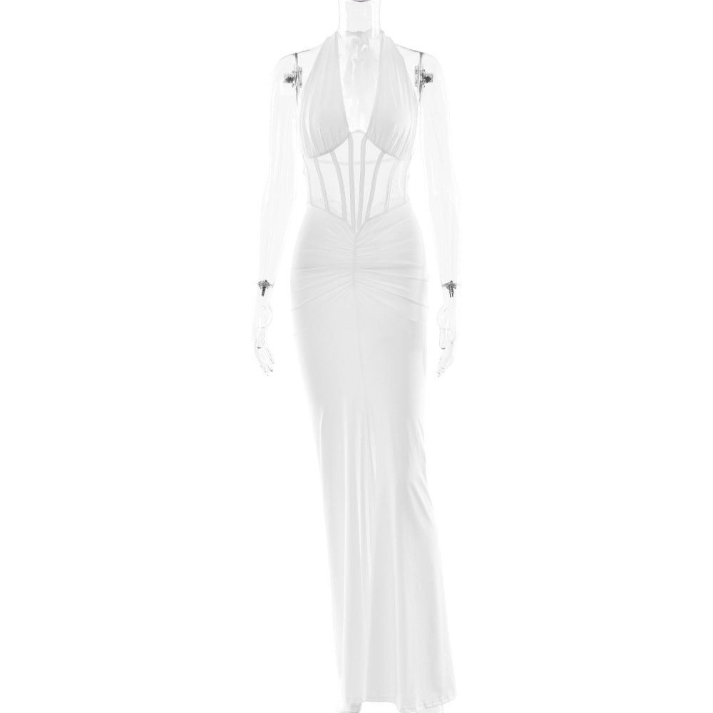Elegant Women Lace up Maxi Dress Sexy Backless Pleated Sheath Dress by Ragazza