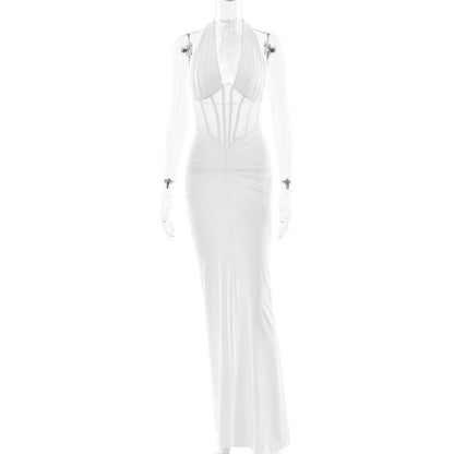 Elegant Women Lace up Maxi Dress Sexy Backless Pleated Sheath Dress by Ragazza