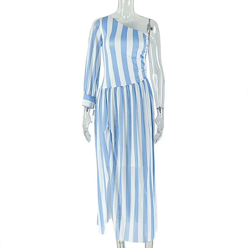 Women Printed Wear Split Striped Waist Asymmetric Dress One Shoulder Diagonal Collar Long Sleeve Casual Dress by Ragazza
