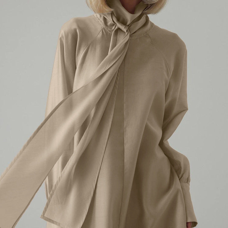 Women Clothing Stand up Collar Tie Dress Long Sleeve Side Slit Loose Casual Dress by Ragazza