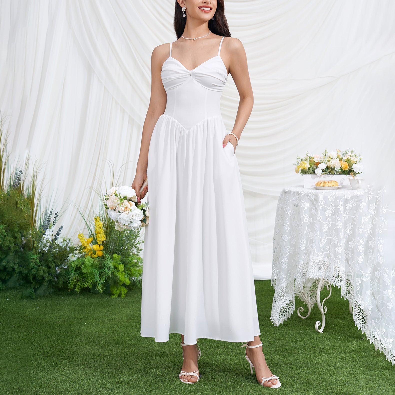 Women Sexy V neck Backless Waist Trimming Slimming Smocking Dress  DestGlow