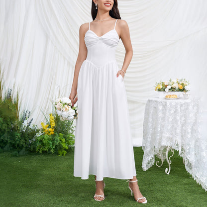 Women Sexy V neck Backless Waist Trimming Slimming Smocking Dress  DestGlow