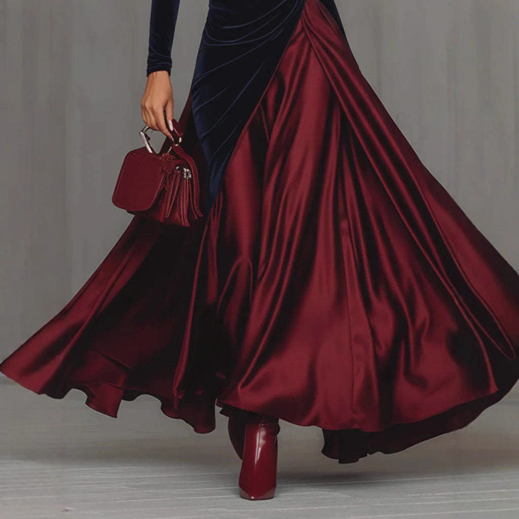 Spring Elegant Big Hem Umbrella Velvet Stitching Contrast Color Turtleneck Dress by Ragazza