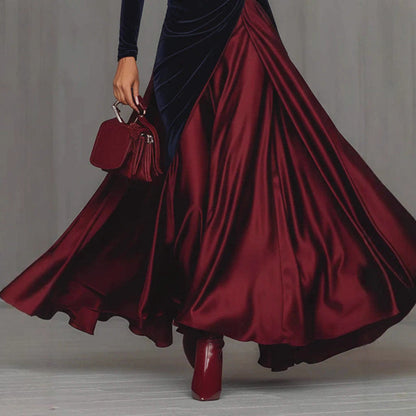 Spring Elegant Big Hem Umbrella Velvet Stitching Contrast Color Turtleneck Dress by Ragazza