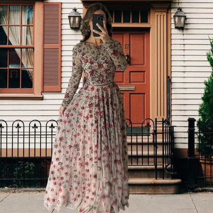 Summer Sexy Slim Fit Slimming Mid Length Long Sleeve Waist Tight Three Dimensional Floral Large Swing Dress  DestGlow