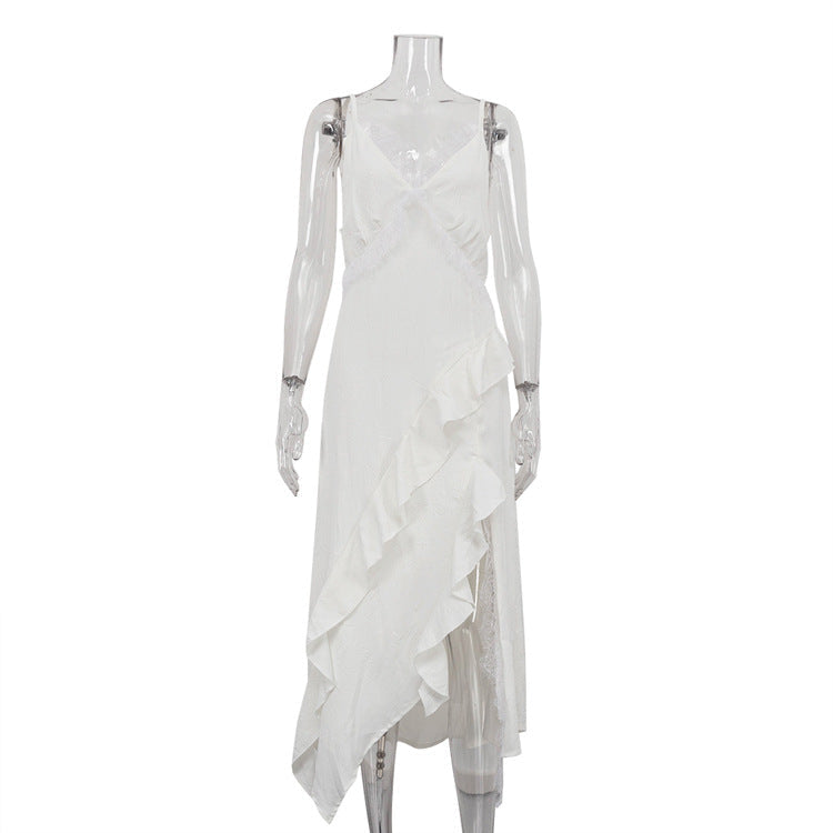 French Design Irregular Asymmetric Hem Backless Sexy Dress Women Lace Stitching Sleeveless Cami Dress by Ragazza