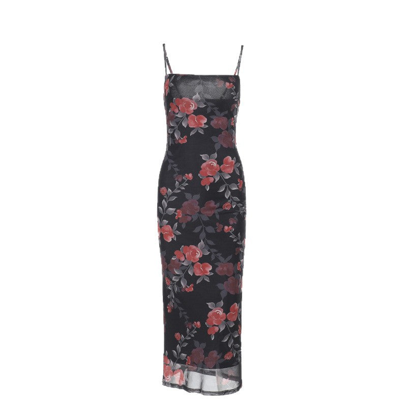 Spring Maxi Dress Socialite Elegant Sexy Slim Straps Tulle Printed Dress  DestGlow