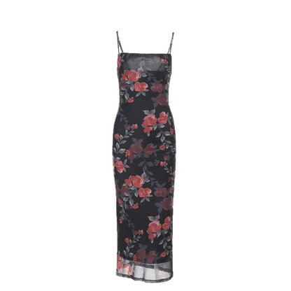 Spring Maxi Dress Socialite Elegant Sexy Slim Straps Tulle Printed Dress  DestGlow