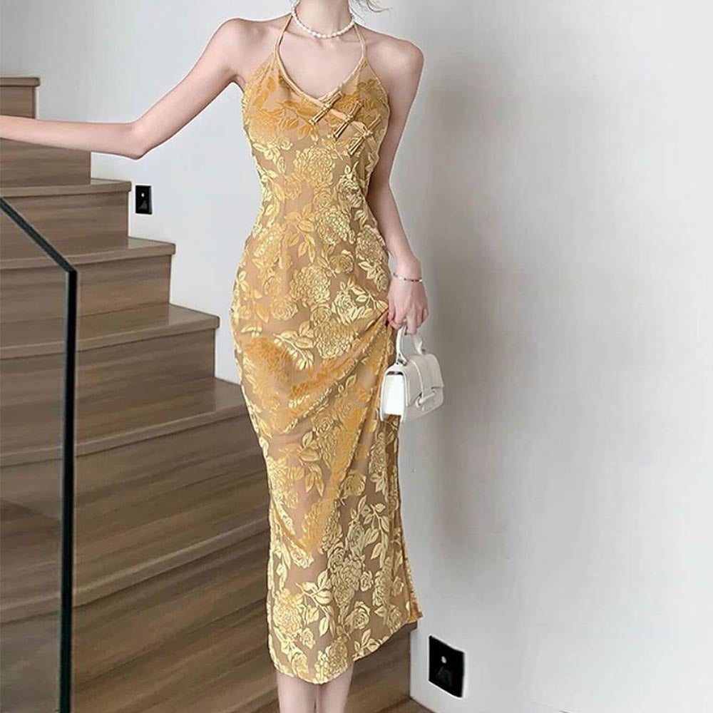 Women Clothing Spring Floral Halter Backless Office Midi Dress by Ragazza