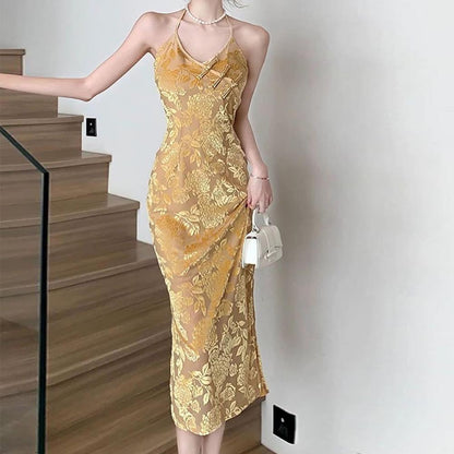 Women Clothing Spring Floral Halter Backless Office Midi Dress by Ragazza