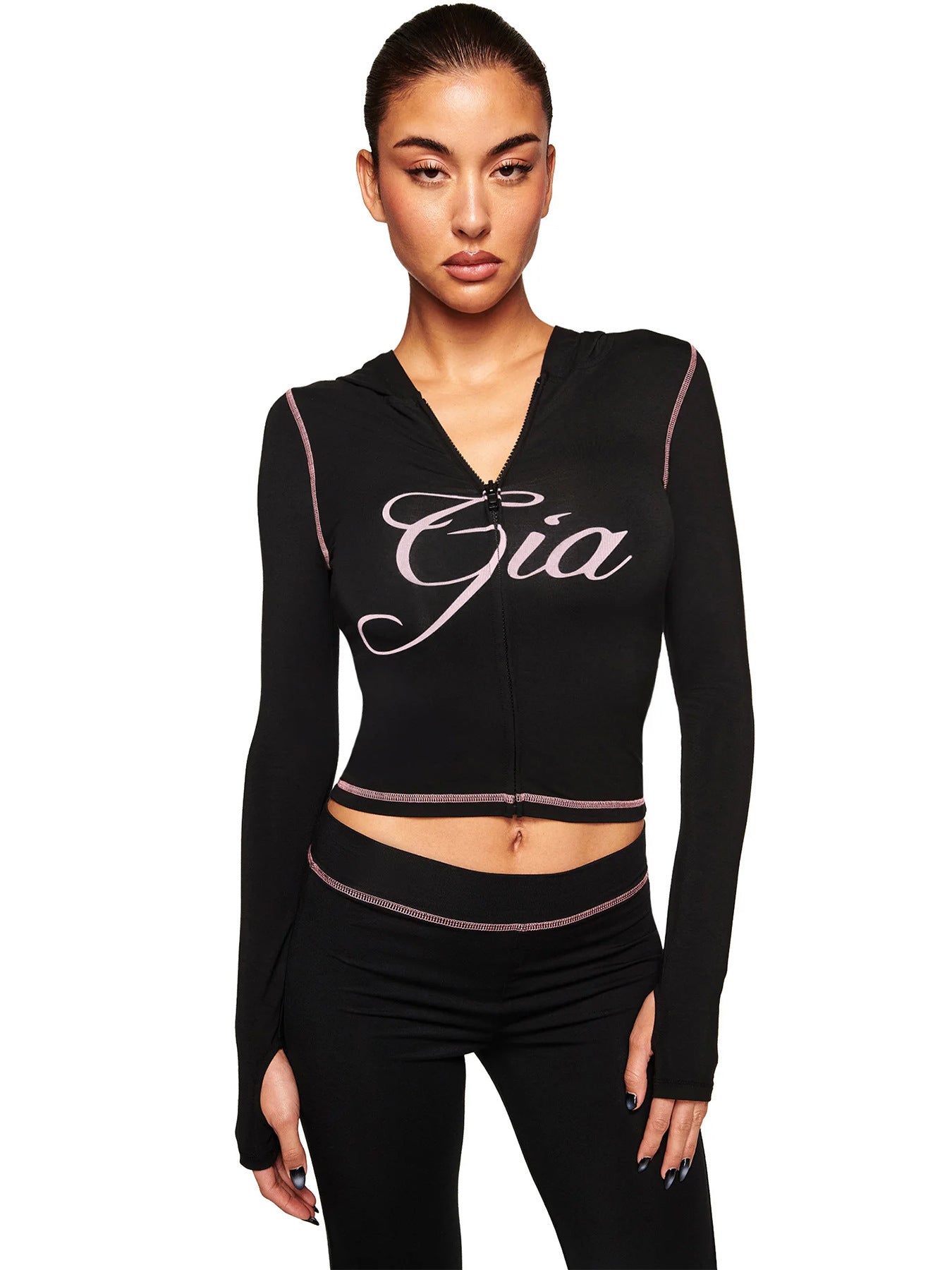 Women Wear Supply Printed Hooded Long Sleeve Thumb Hole Slightly Flared Two Piece Sets by Ragazza