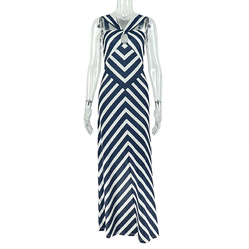 Graceful Personality Women Printed Black White Striped Suspender Dress V neck Hollow Out Cutout Maxi Dress by Ragazza