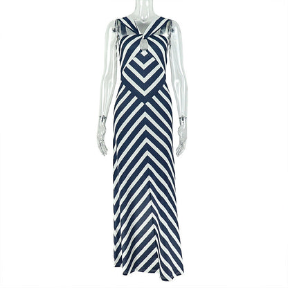 Graceful Personality Women Printed Black White Striped Suspender Dress V neck Hollow Out Cutout Maxi Dress by Ragazza