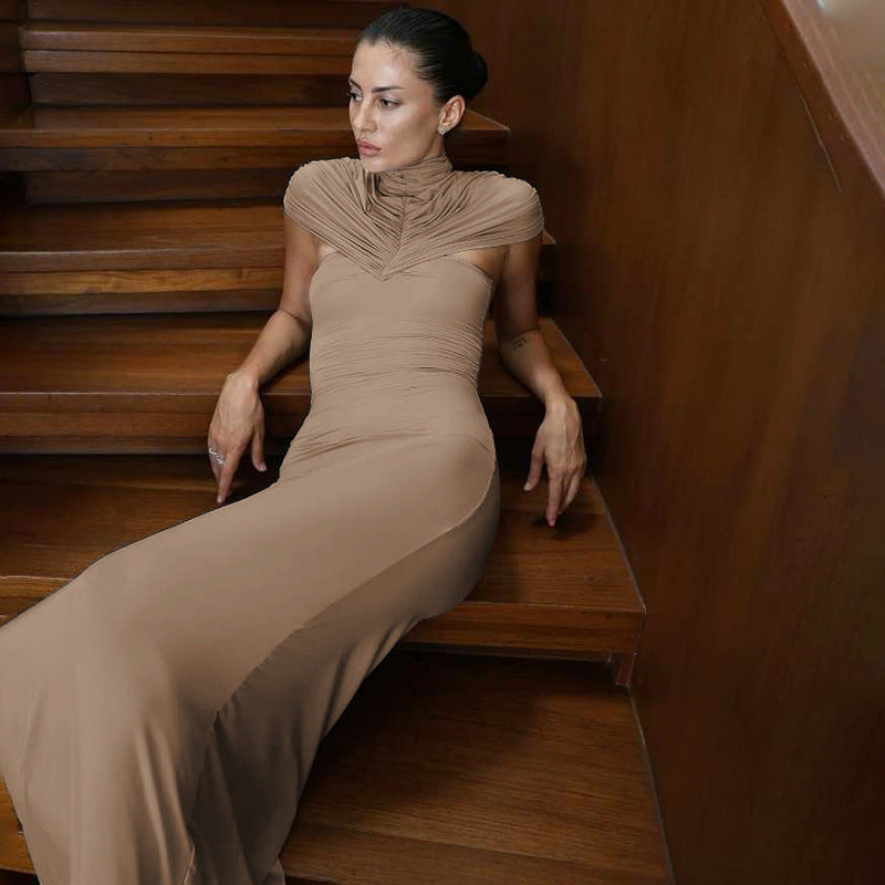 Women Clothing Autumn Winter Elegant Sexy Slim Hollow Out Cutout Pleated Turtleneck Solid Color Dress by Ragazza
