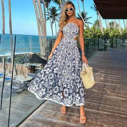 Sexy Sexy Vacation Dress Summer Pattern Print Halter Waist Hollow Out Cutout out Suspender Dress for Women by Ragazza