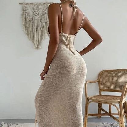 Women Clothes Sexy Sexy Cutout Lace Up Halter Spaghetti Straps Stitching Dress Maxi Dress Women by Ragazza