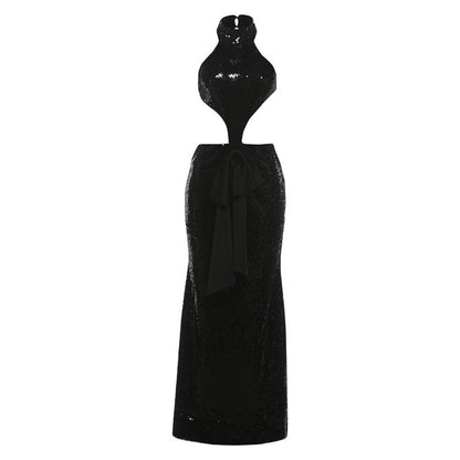 Autumn Winter Sexy Backless Hollow Out Cutout out Stitching Maxi Dress Elegant Sequ Dress by Ragazza